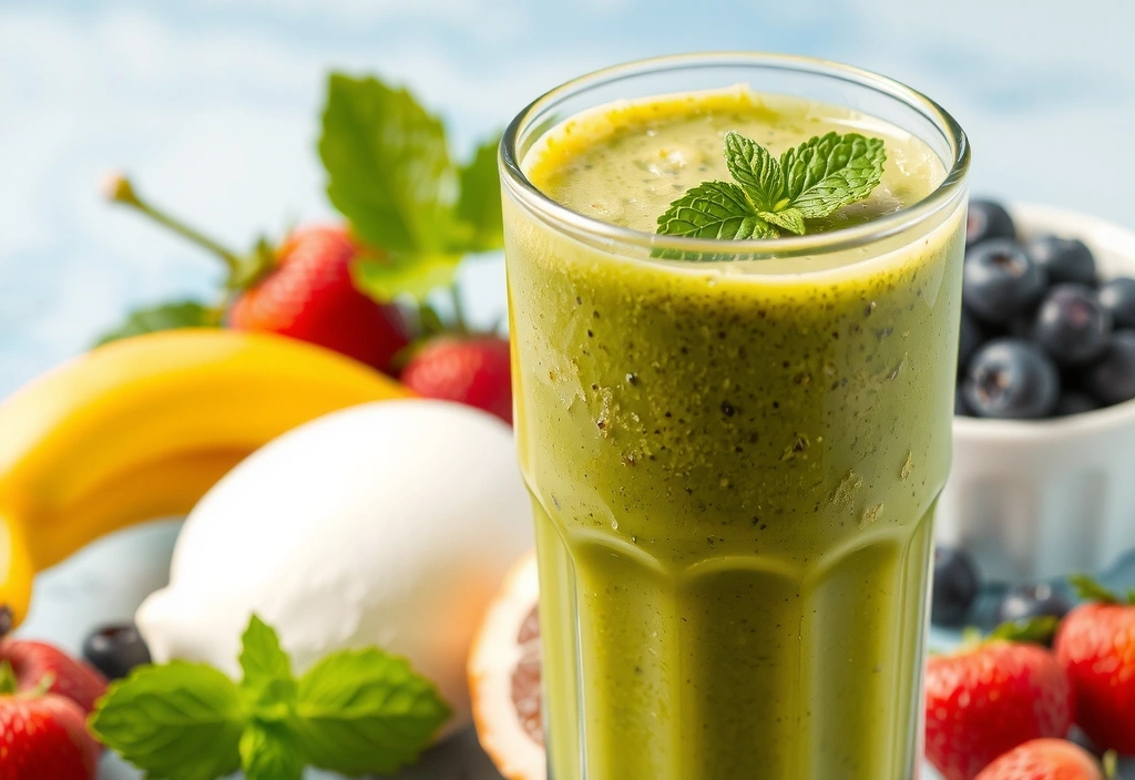 A close-up of a vibrant green smoothie with fresh ingredients, symbolizing health and nutrition.