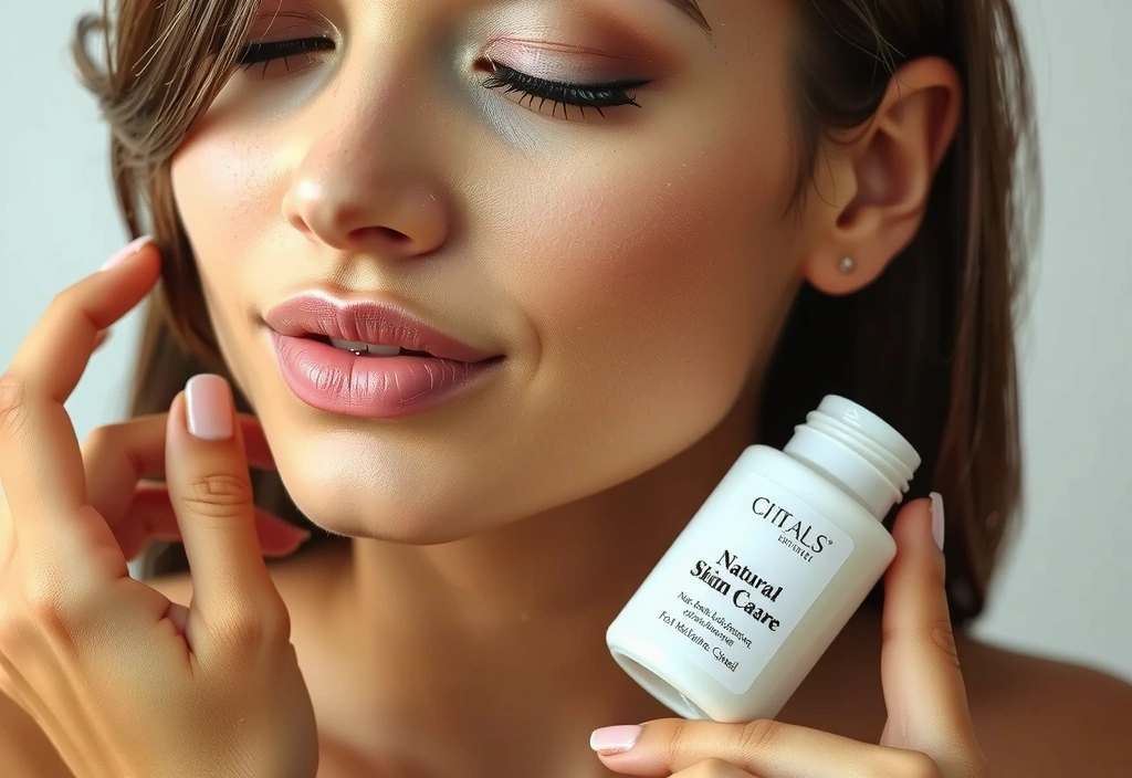 Woman applying skincare product with glowing skin